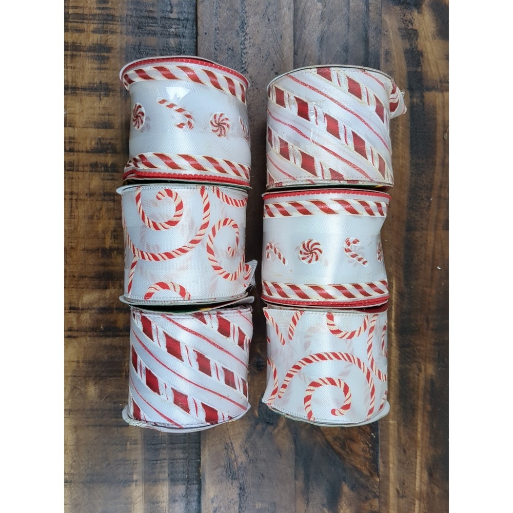 Lot Of 6 Rolls Of Candy‎ Cane Ribbon, Wired, Un-Wired, white, red